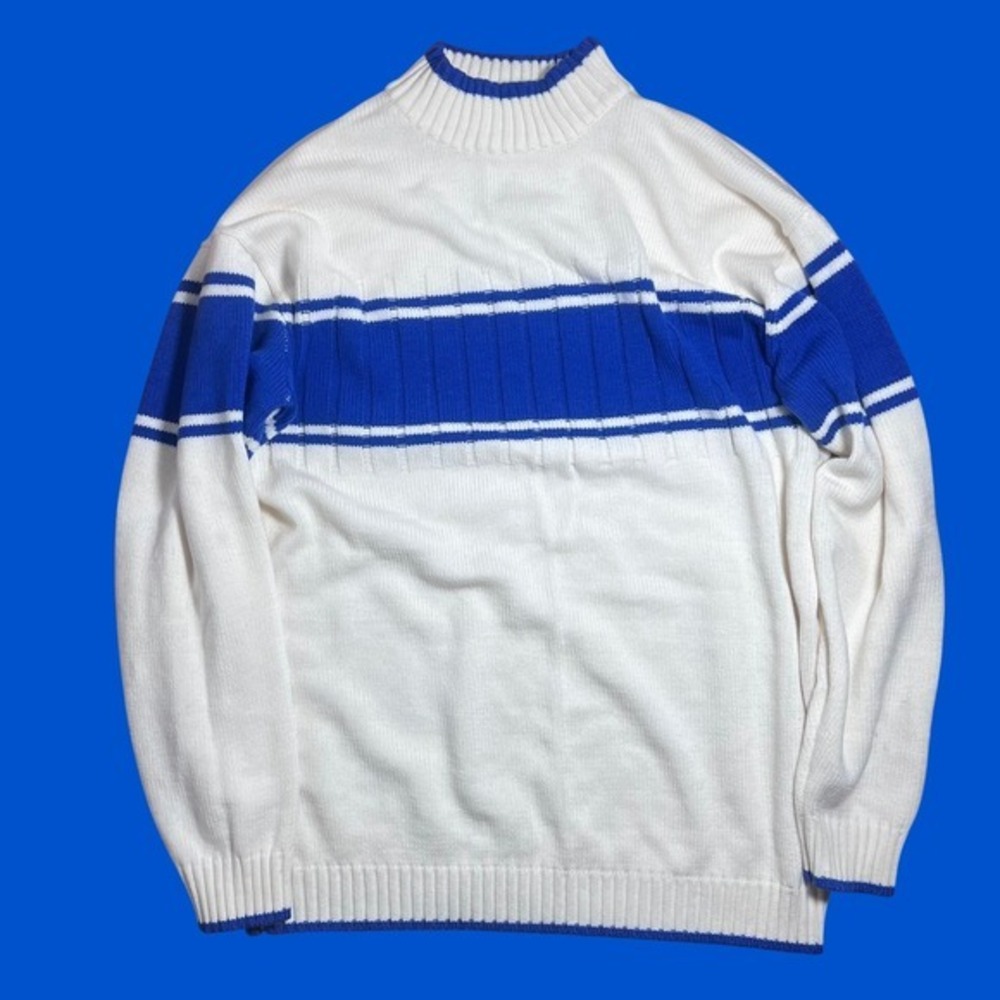 PJ Mark Mens Sweater Classic Athletic Striped Mock Neck 3XL White Blue